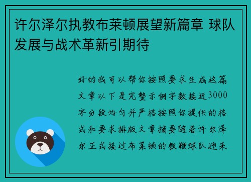 许尔泽尔执教布莱顿展望新篇章 球队发展与战术革新引期待 许尔泽尔执教布莱顿展望新篇章 球队发展与战术革新引期待